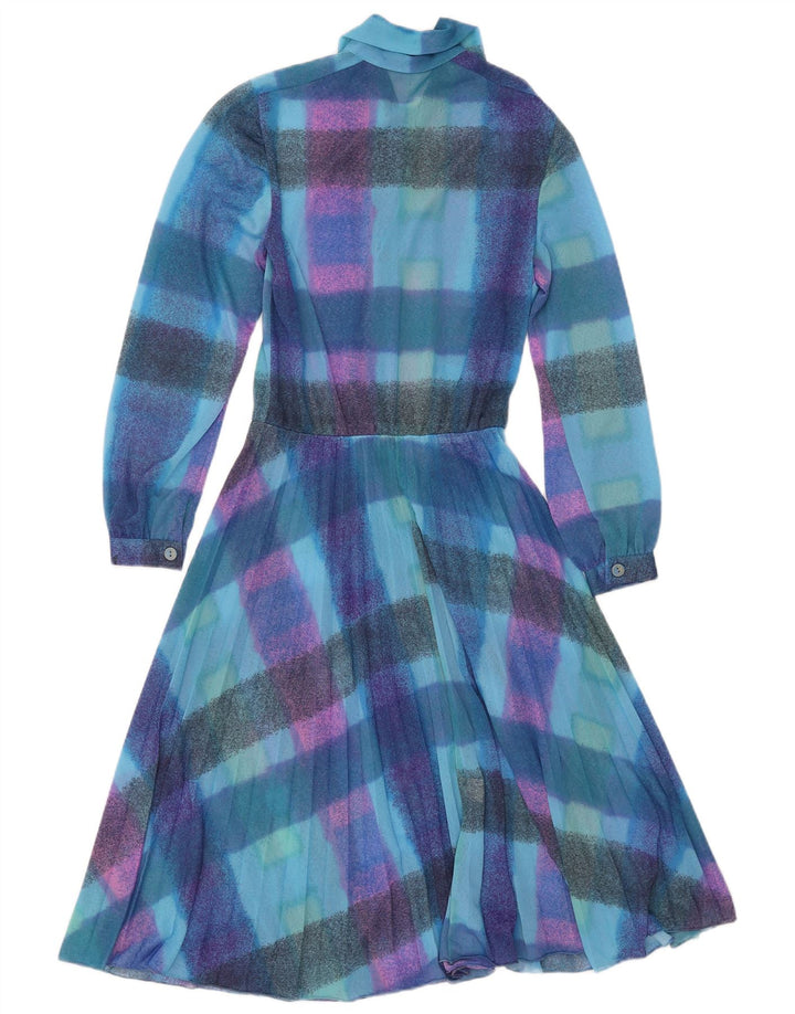 Vestido feminino vintage transparente de manga comprida evasê pequeno xadrez azul