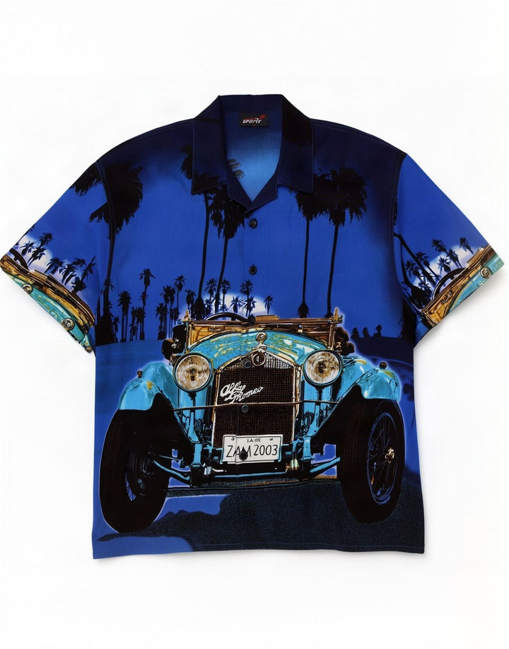 Camisa masculina havaiana de manga curta vintage grande poliéster azul