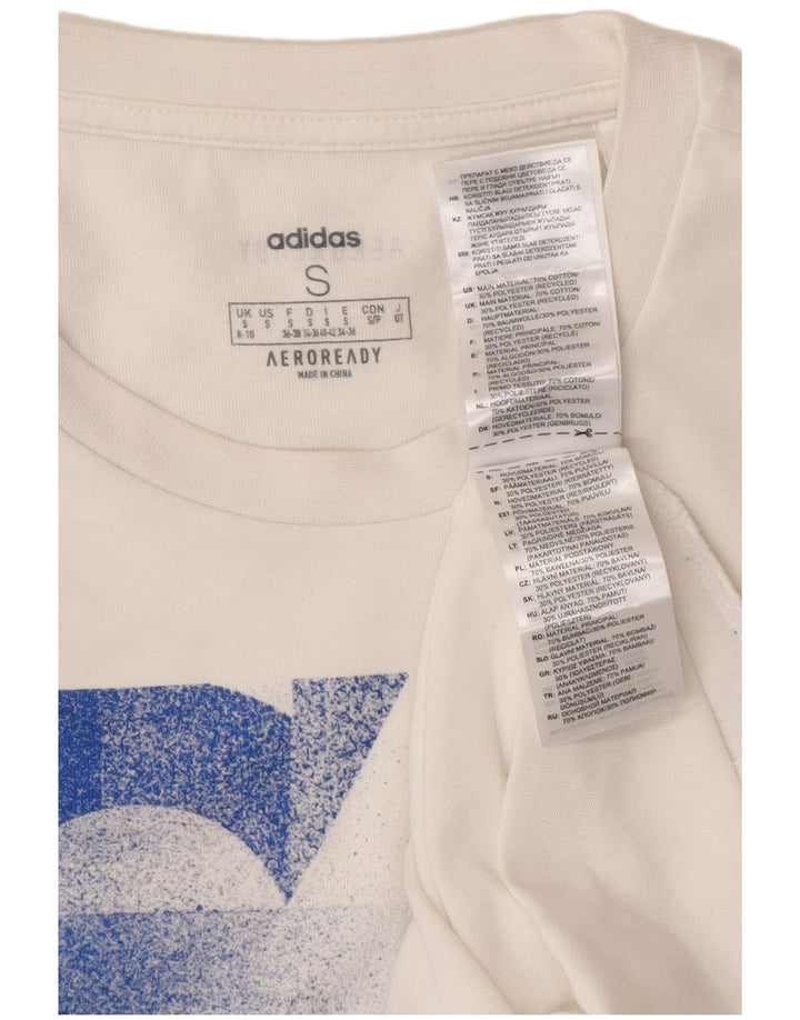 ADIDAS Womens Aeroready Graphic T-Shirt Top Reino Unido 8/10 Pequeno Algodão Branco