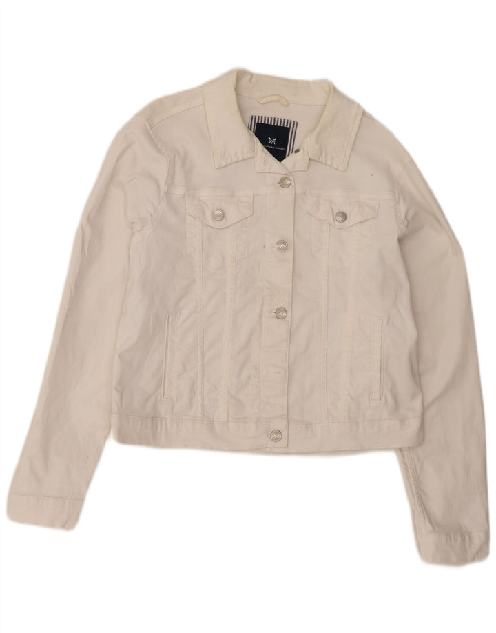 CREW CLOTHING Jaqueta jeans feminina cortada Reino Unido 14 algodão branco médio