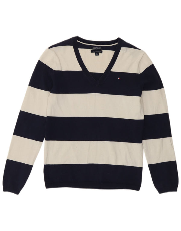 Suéter feminino Tommy Hilfiger com decote em V UK 12 listrado azul marinho médio