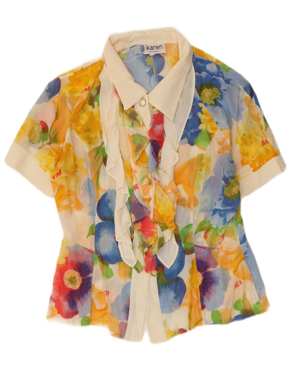 Blusa feminina vintage de manga curta UK 12 média floral multicolorida