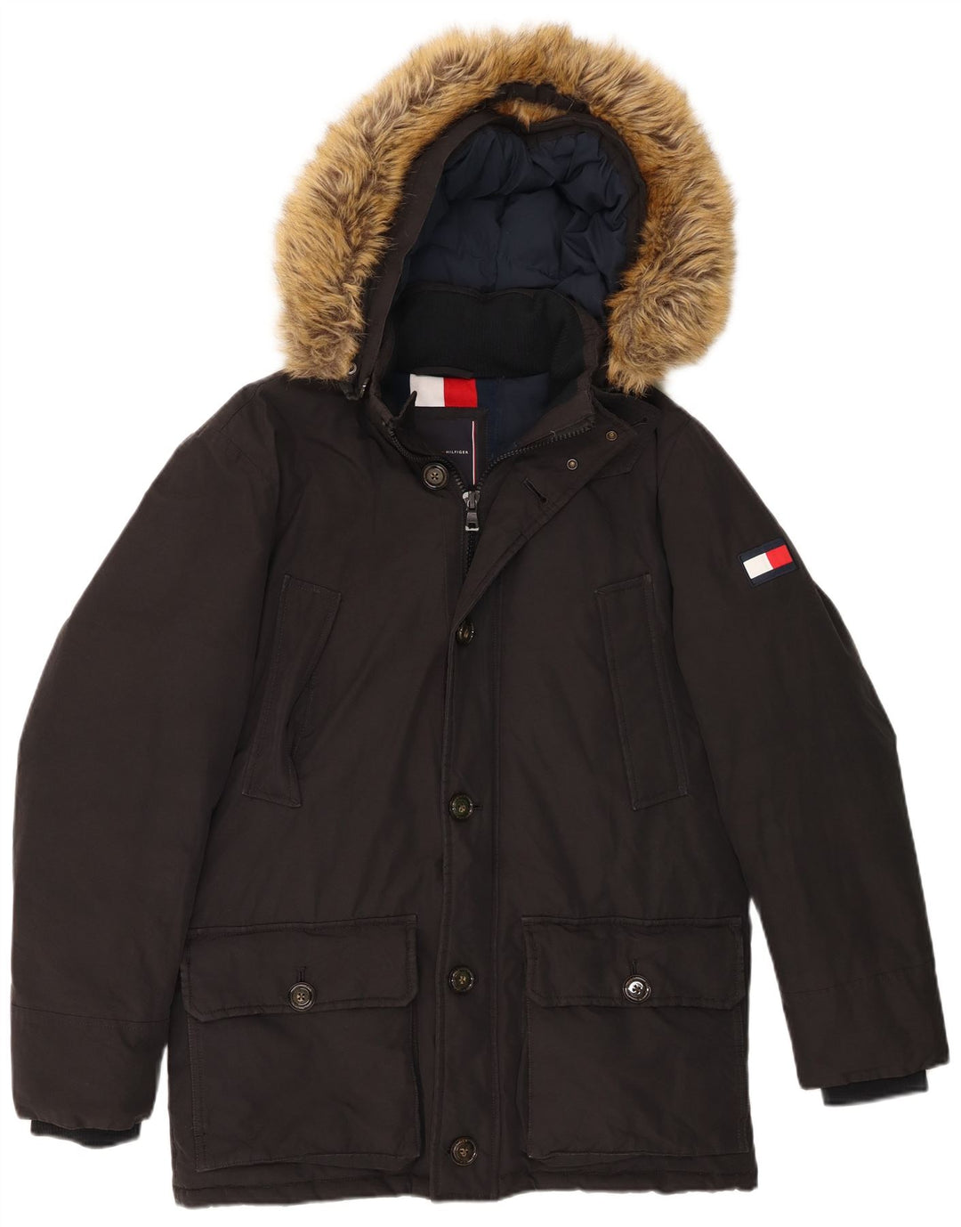 Jaqueta masculina acolchoada com capuz Tommy Hilfiger Reino Unido 38 algodão preto médio