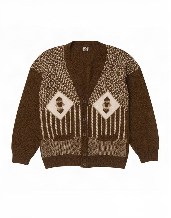 Suéter Cardigan Masculino Vintage Médio Marrom Geométrico