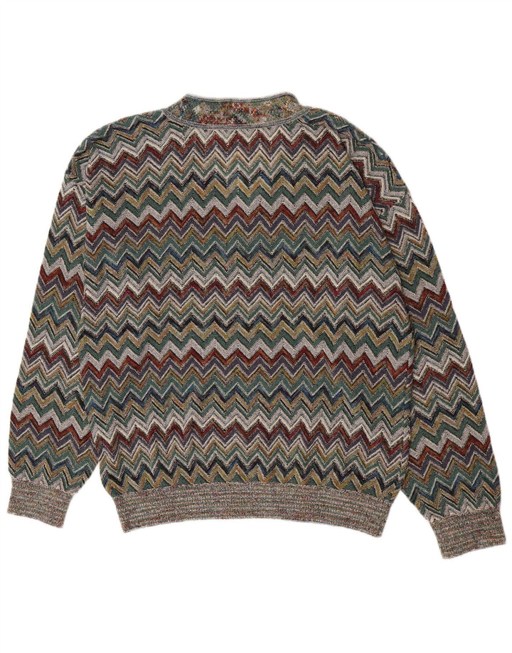 Suéter vintage masculino com decote em V grande acrílico Chevron multicolorido