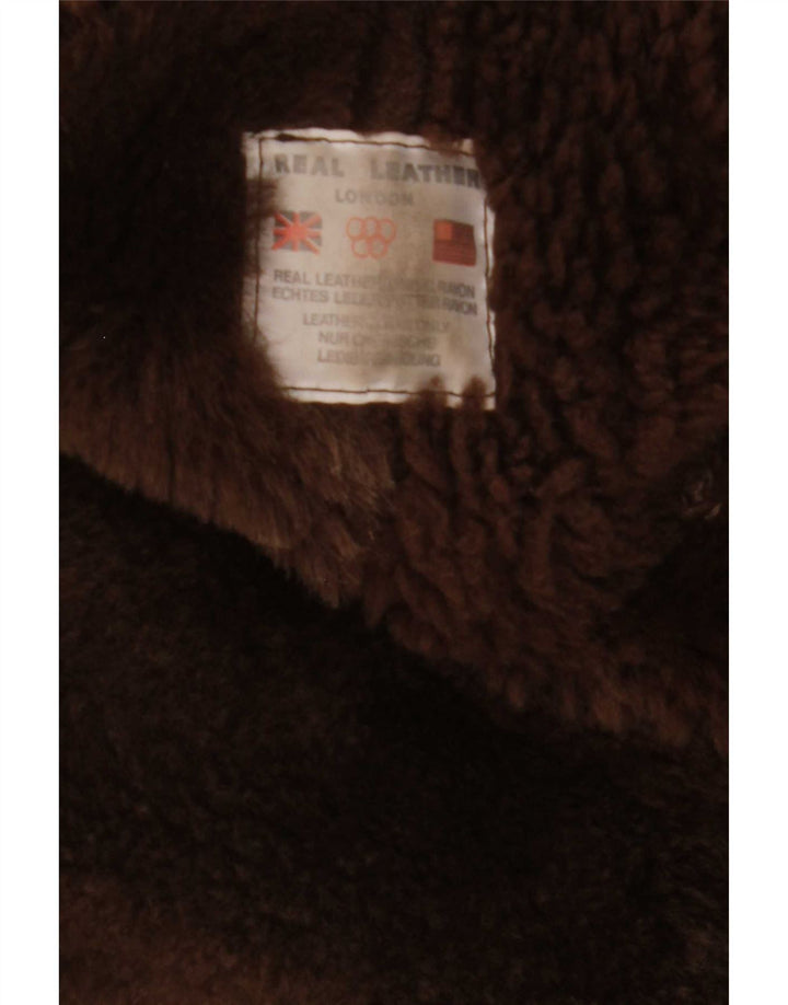 Casaco feminino vintage de shearling Reino Unido 14 couro marrom médio
