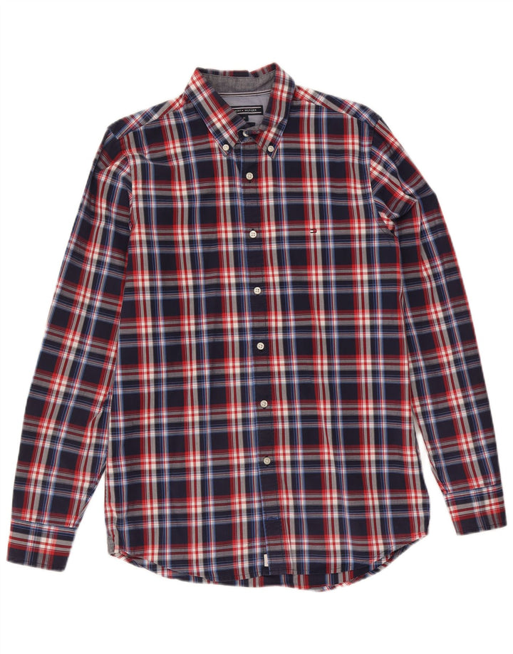 Camisa masculina Tommy Hilfiger Slim Fit média azul marinho xadrez algodão