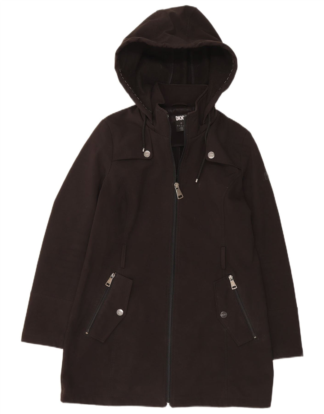 Casaco corta-vento feminino Dkny com capuz grande UK 10 poliéster preto pequeno