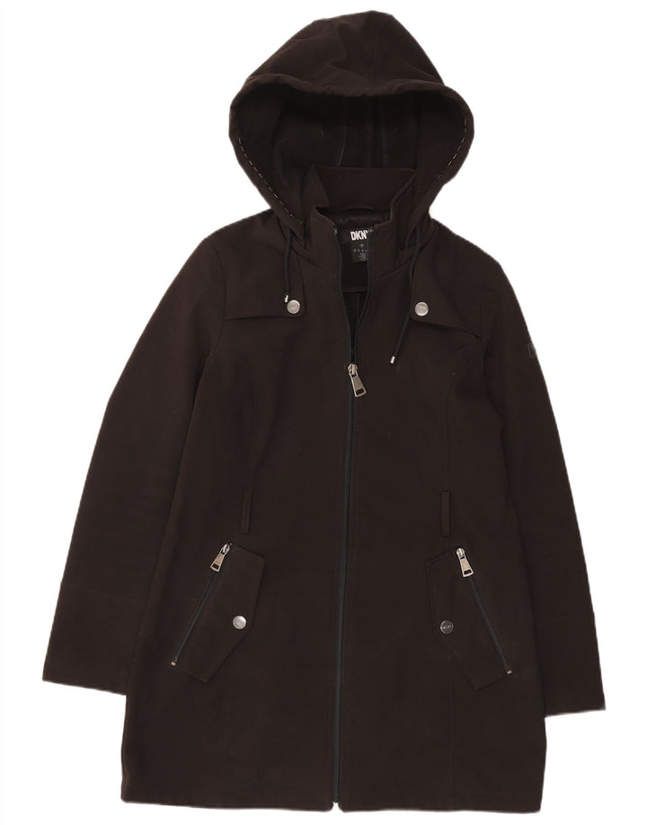Casaco corta-vento feminino Dkny com capuz grande UK 10 poliéster preto pequeno