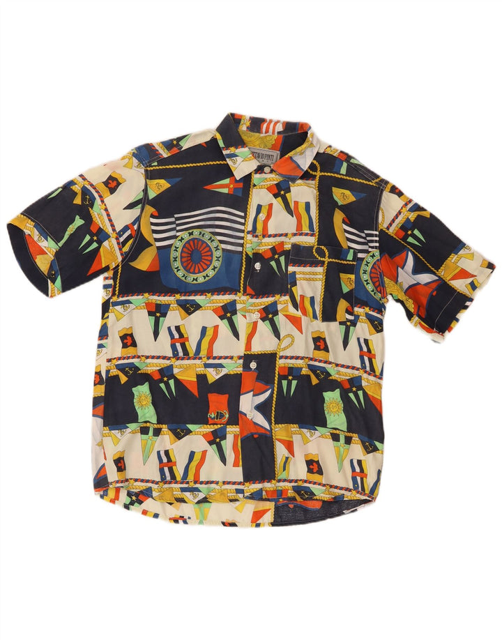 Camisa masculina vintage abstrata padrão manga curta pequena multicolorida