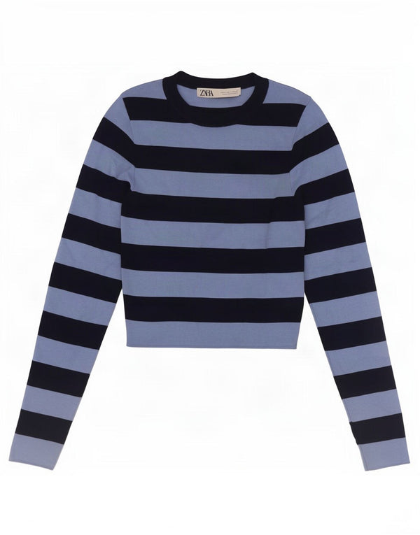 Zara Womens Crop Top Manga Longa Reino Unido 8 Pequeno Listrado Azul