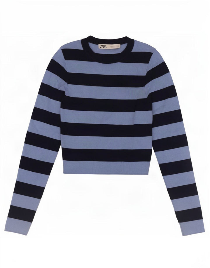 Zara Womens Crop Top Manga Longa Reino Unido 8 Pequeno Listrado Azul