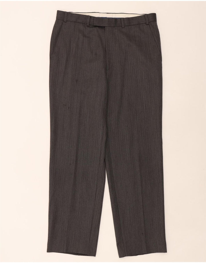 Calça masculina de terno reto Marks & Spencer W36 L31 lã espinha de peixe cinza