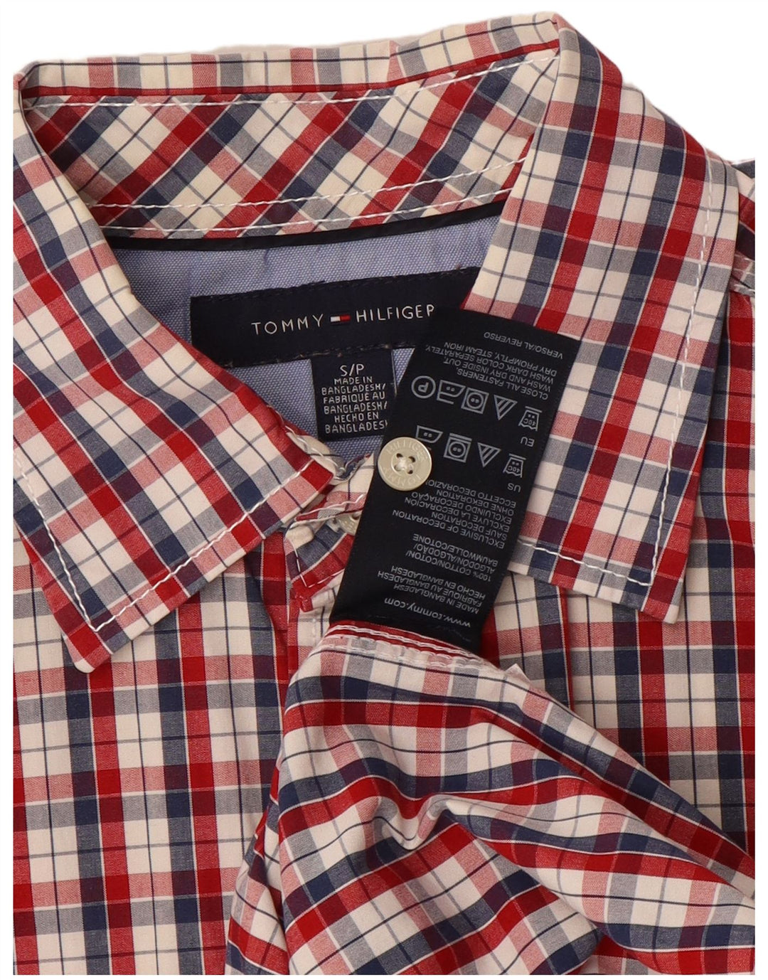 Tommy Hilfiger Camisa masculina de manga curta pequena vermelha xadrez algodão