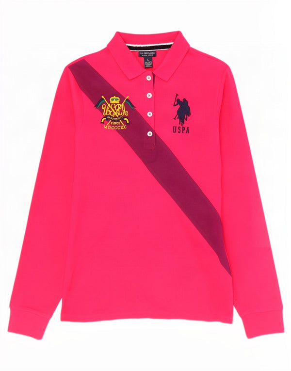 US Polo Assn. Camisa gráfica feminina UK 14 grande bloco colorido rosa