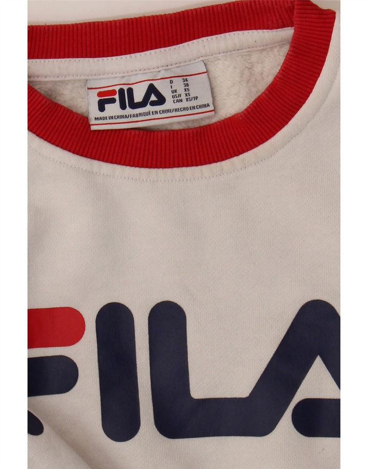 FILA Womens Oversized Crop Sweatshirt Jumper UK 6 XS White Colourblock Vintage Fila and Second-Hand Fila from Messina Hembry 