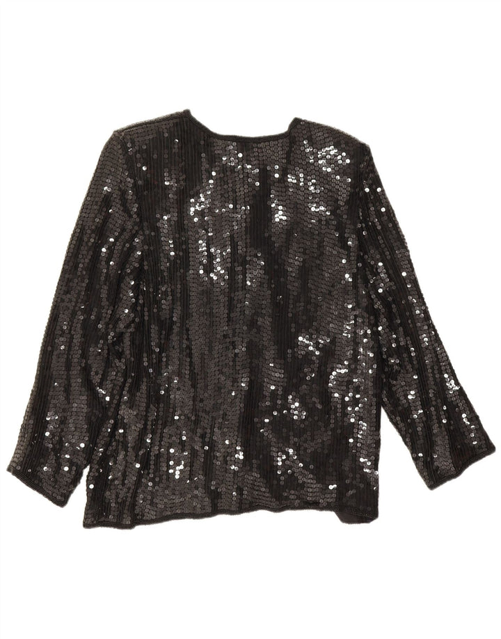 Blusa feminina vintage de lantejoulas UK 14 seda preta média