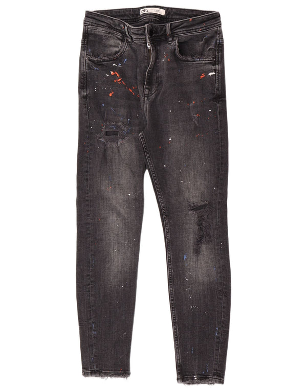 Zara Jeans skinny masculino desgastado UE 38 pequeno W30 L27 algodão manchado preto