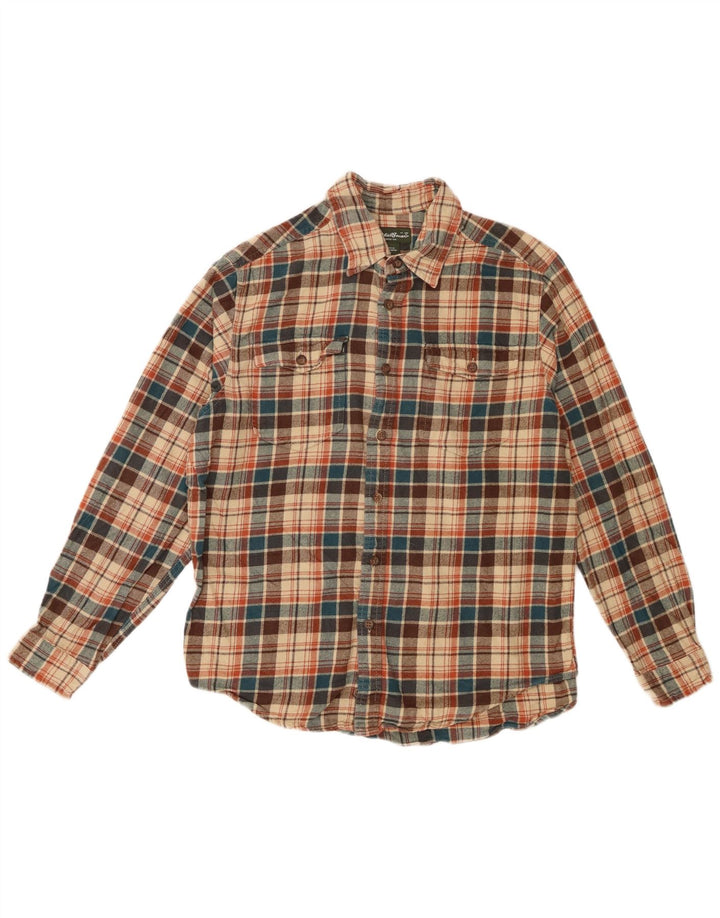 Camisa masculina de flanela Eddie Bauer grande algodão xadrez bege