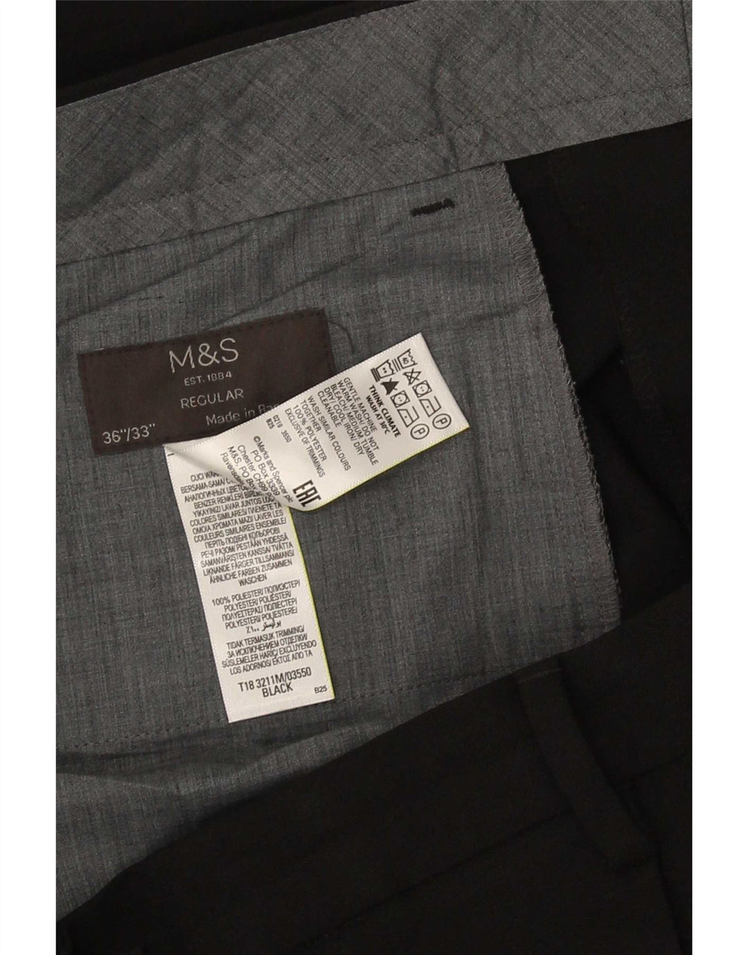 Calça de terno regular masculina Marks & Spencer W36 L33 poliéster preto