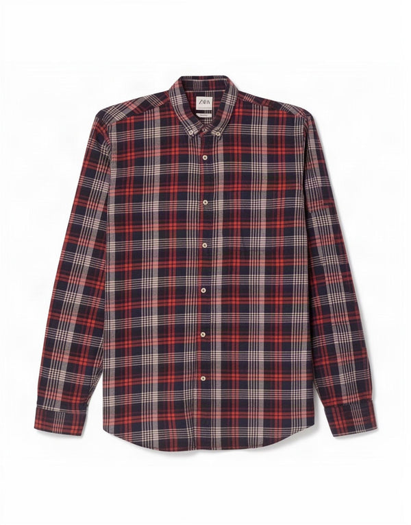 Zara Camisa masculina de flanela com ajuste relaxado grande algodão xadrez vermelho