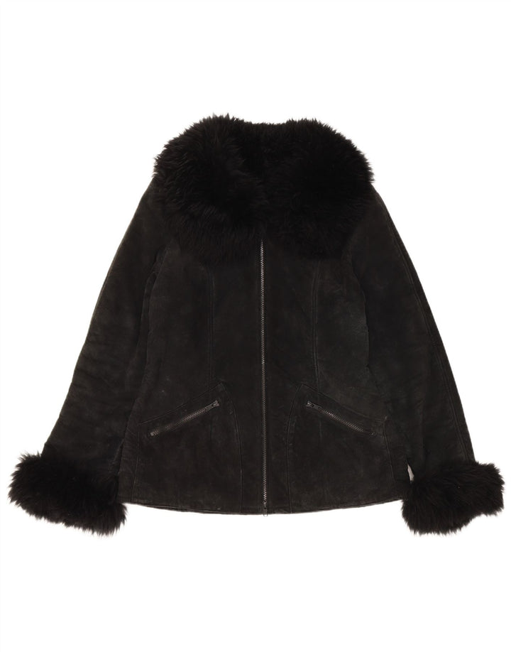 Jaqueta feminina vintage de camurça sherpa Reino Unido 10 couro preto pequeno