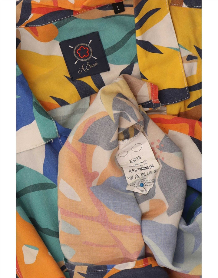 Camisa masculina vintage de manga curta grande viscose floral multicolorida