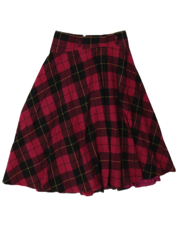 Saia larga feminina vintage de cintura alta W26 pequena viscose xadrez borgonha