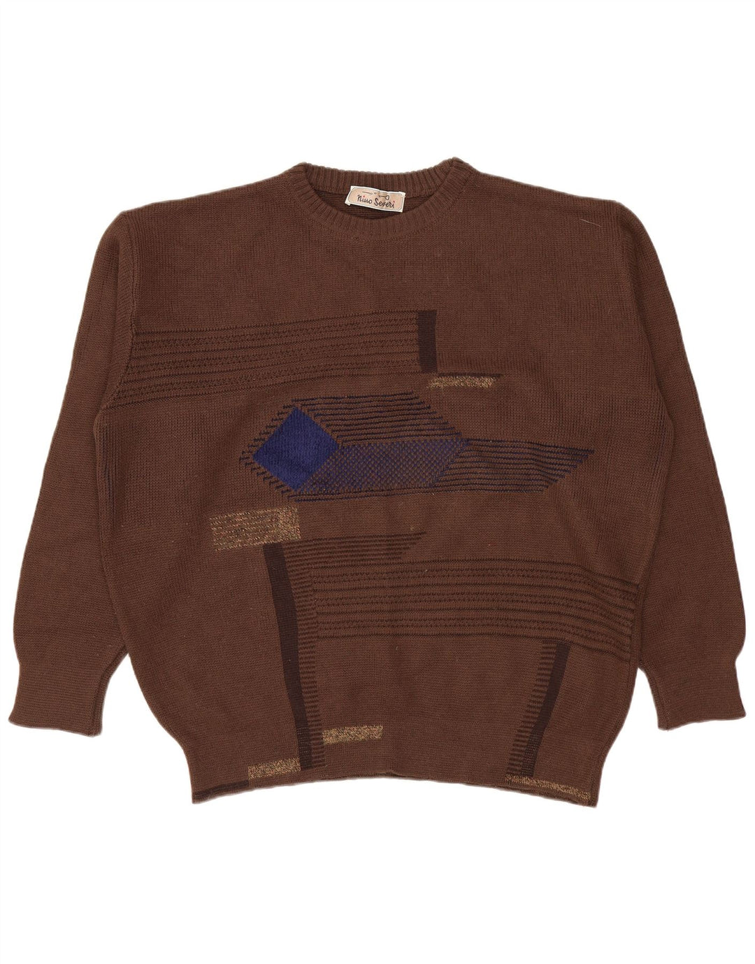 Suéter vintage masculino com gola redonda grande marrom geométrico