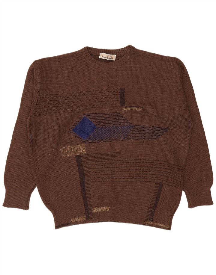 Suéter vintage masculino com gola redonda grande marrom geométrico