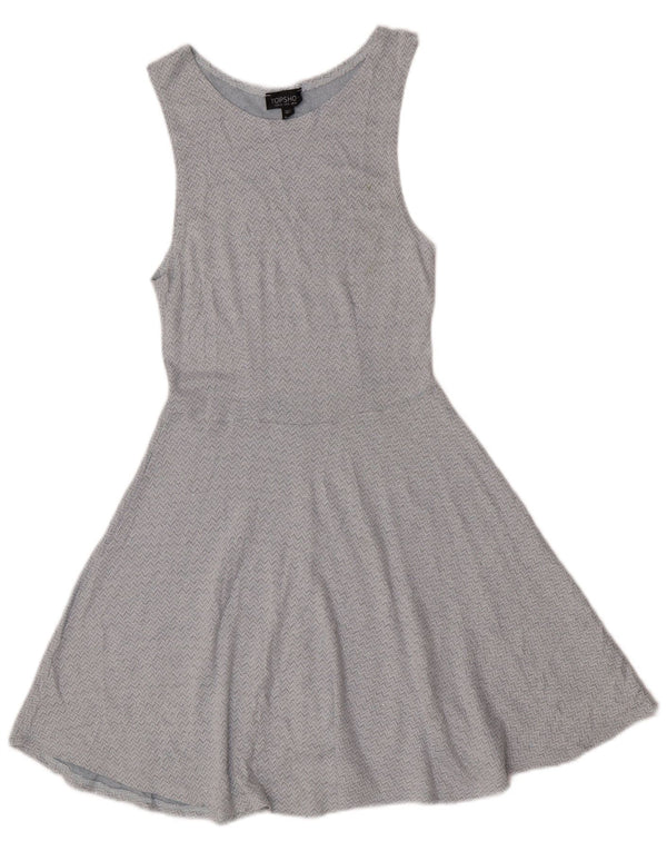 Topshop vestido feminino sem mangas evasê UK 12 azul médio Chevron viscose