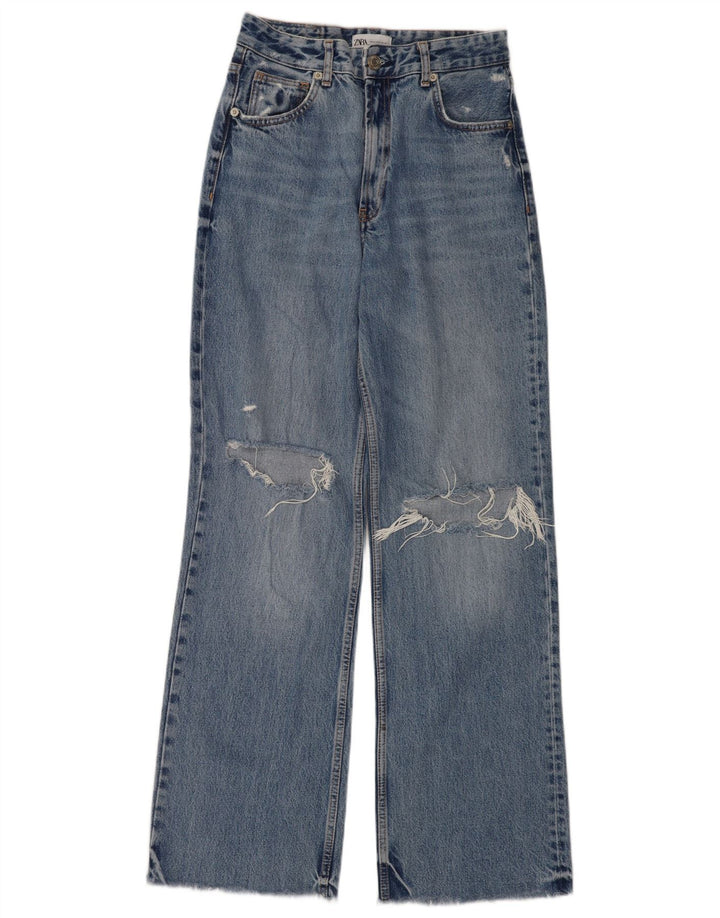 Zara Jeans feminino de perna larga desgastado UE 38 pequeno W28 L33 azul