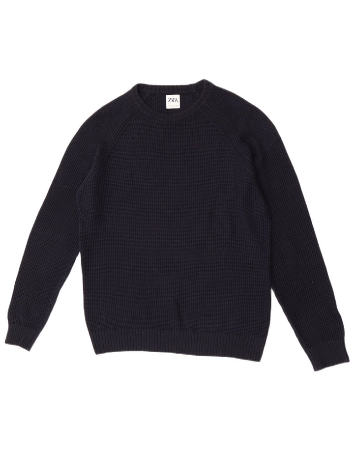 Zara Suéter masculino com gola redonda grande algodão azul marinho