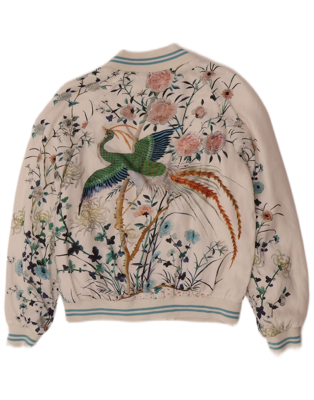 Zara Womens Graphic Bomber Jacket UK 6 XS Branco Floral Poliéster