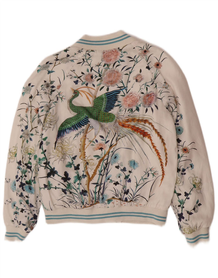 Zara Womens Graphic Bomber Jacket UK 6 XS Branco Floral Poliéster