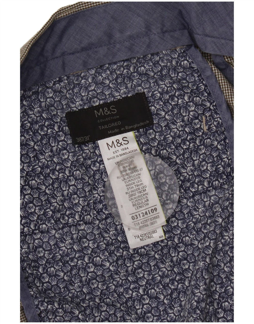 Calça masculina de terno reto Marks & Spencer W38 L31 cinza Houndstooth