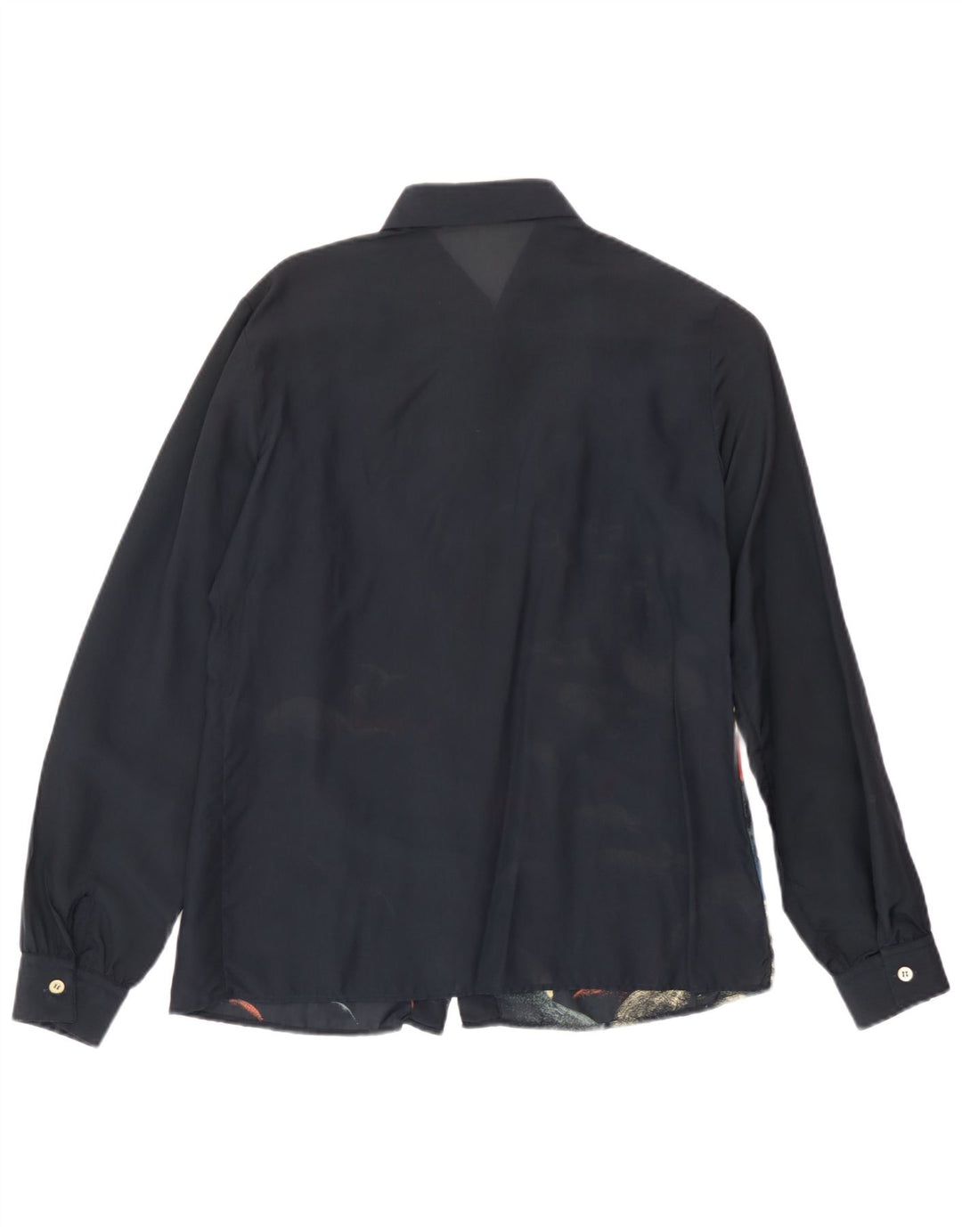 Camisa gráfica feminina vintage IT 42 acetato azul marinho médio