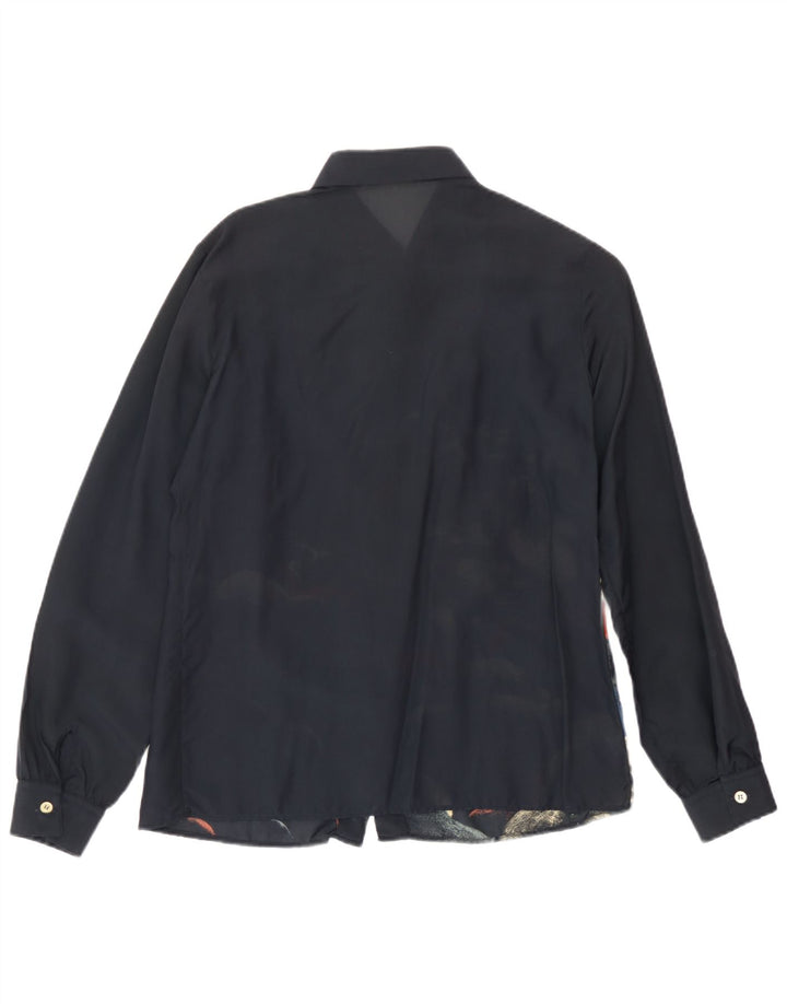 Camisa gráfica feminina vintage IT 42 acetato azul marinho médio