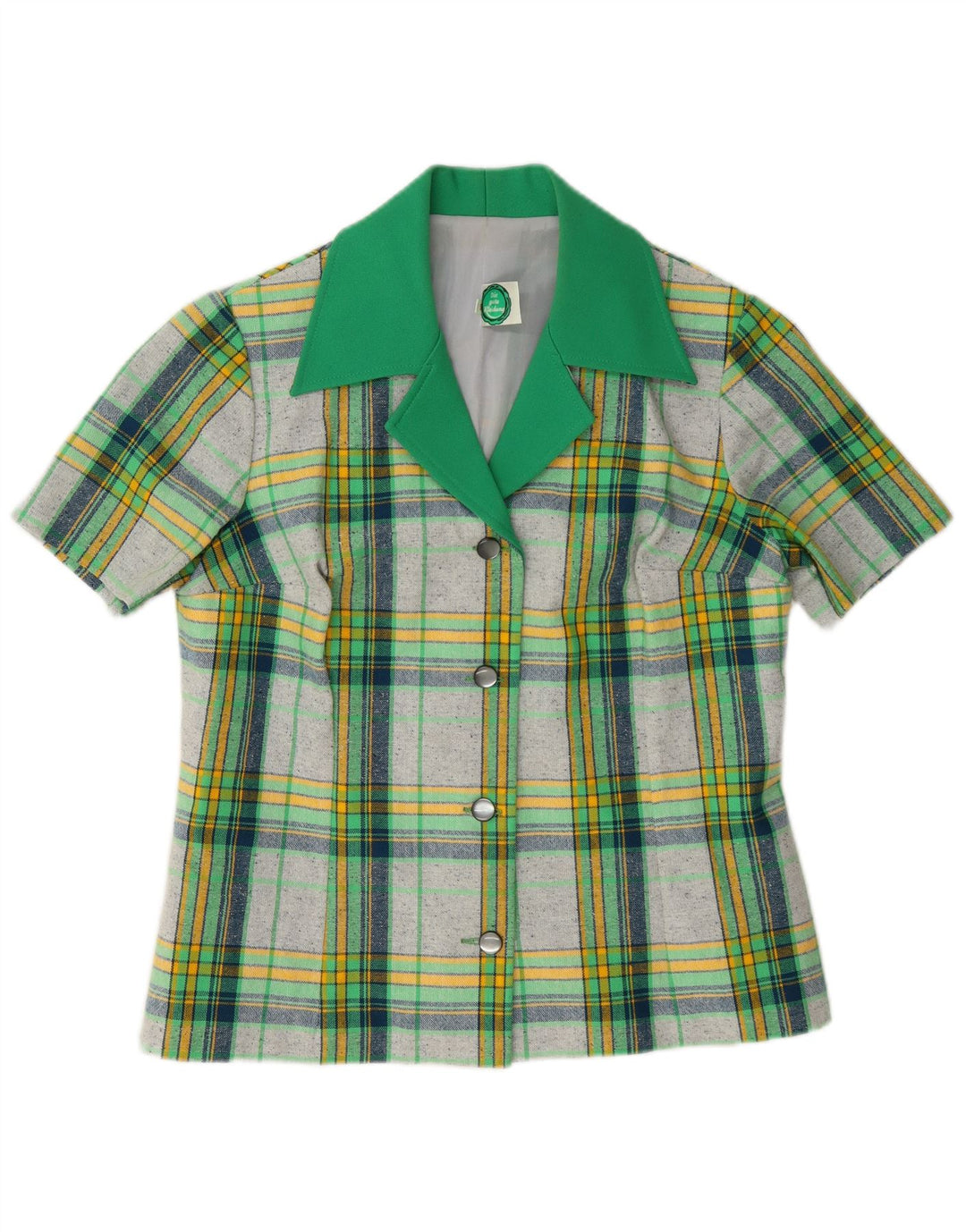 Blusa de camisa de manga curta feminina vintage IT 40 poliéster xadrez verde pequeno