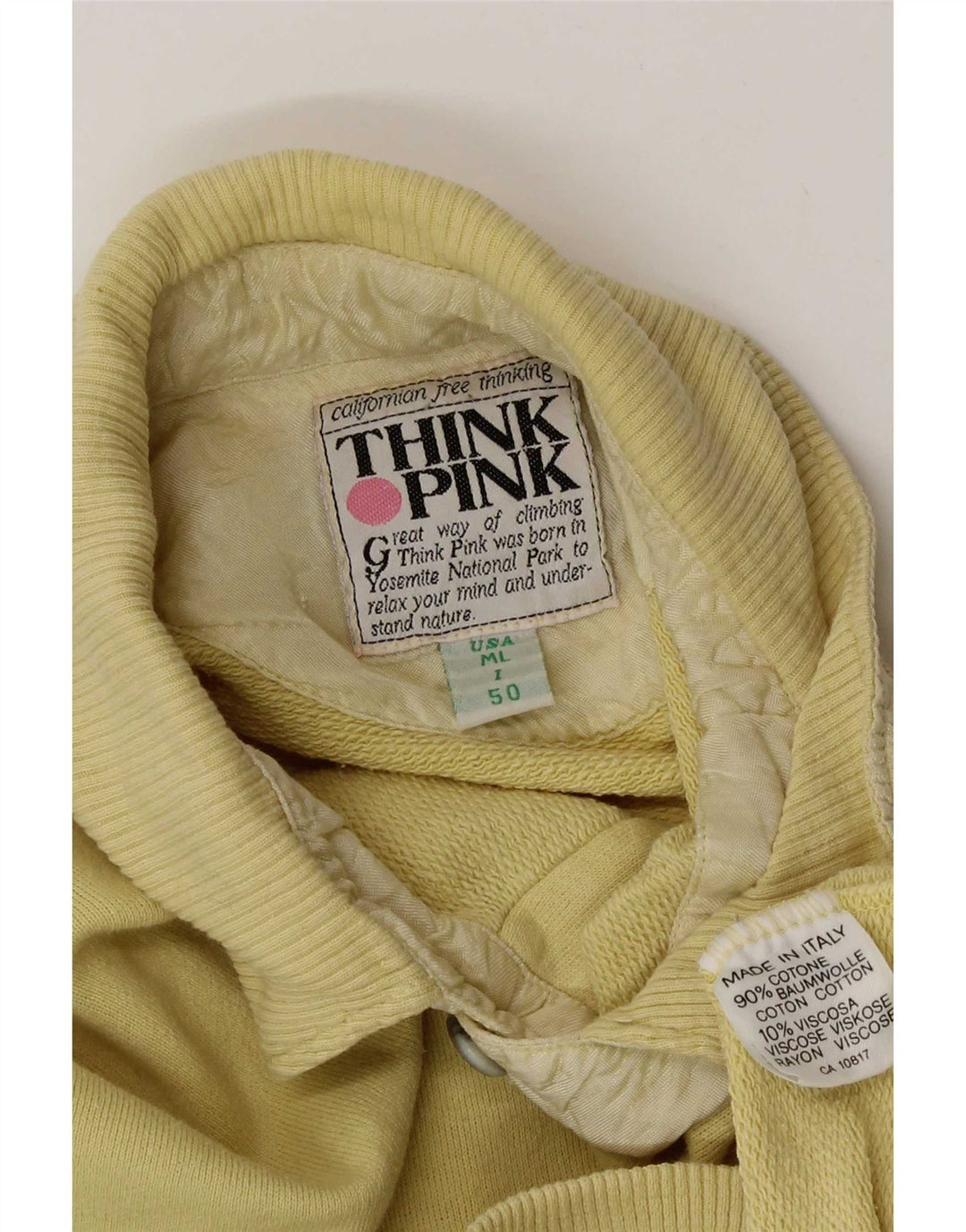 Think Pink Mens Polo Neck Moletom Jumper IT 50 Algodão Amarelo Médio