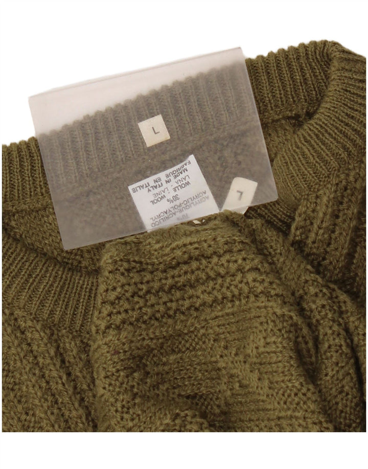 Suéter vintage masculino com gola redonda, grande acrílico cáqui