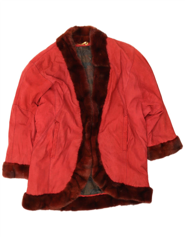 Sobretudo feminino VINTAGE de camurça aberta grande IT 44 couro vermelho médio
