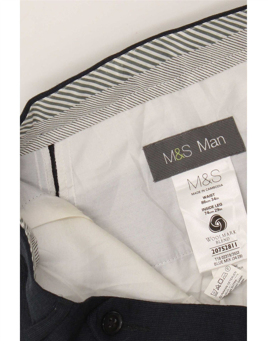 Calça masculina de terno reto Marks & Spencer W34 L29 lã azul marinho
