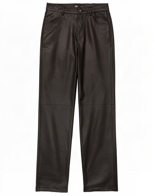 Zara Calça feminina reta de couro sintético médio W28 L32 preta