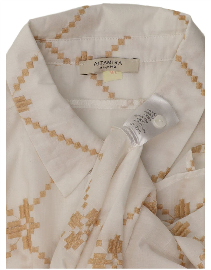 Camisa feminina grande ALTAMIRA UK 14 algodão geométrico branco médio