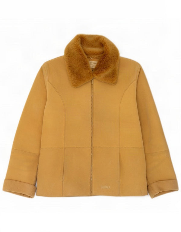 Jaqueta feminina de couro sintético azul Oxford UK 14 grande bloco de cores amarelo