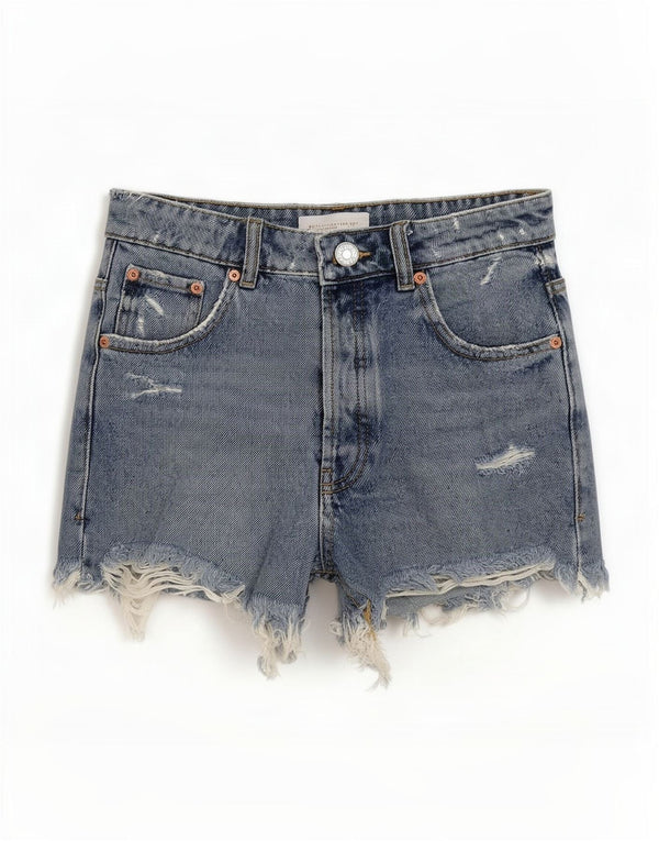 Zara Shorts jeans feminino desgastado UE 34 2XS W24 azul algodão