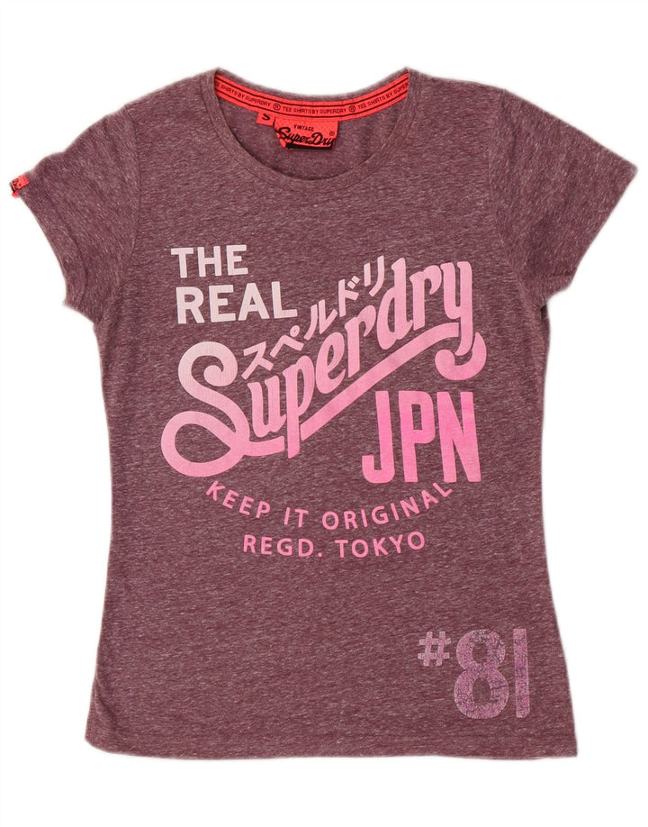 Camiseta gráfica feminina Superdry Top UK 10 pequeno poliéster roxo