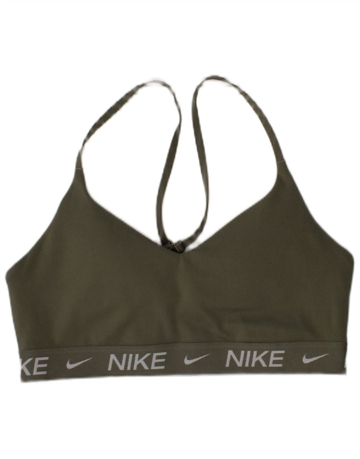 Top de sutiã esportivo gráfico feminino Nike pequeno cáqui poliéster esportivo