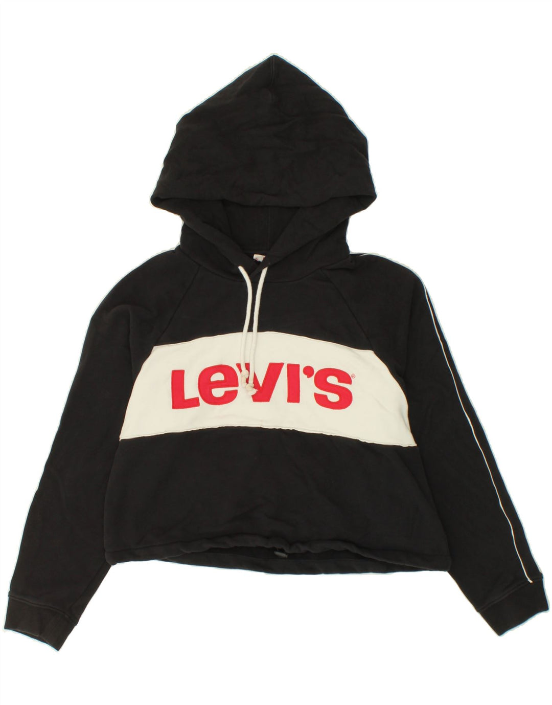 LEVI'S Womens Crop Graphic Hoodie Jumper UK 14 Medium Black Colourblock Vintage Levi's and Second-Hand Levi's from Messina Hembry 